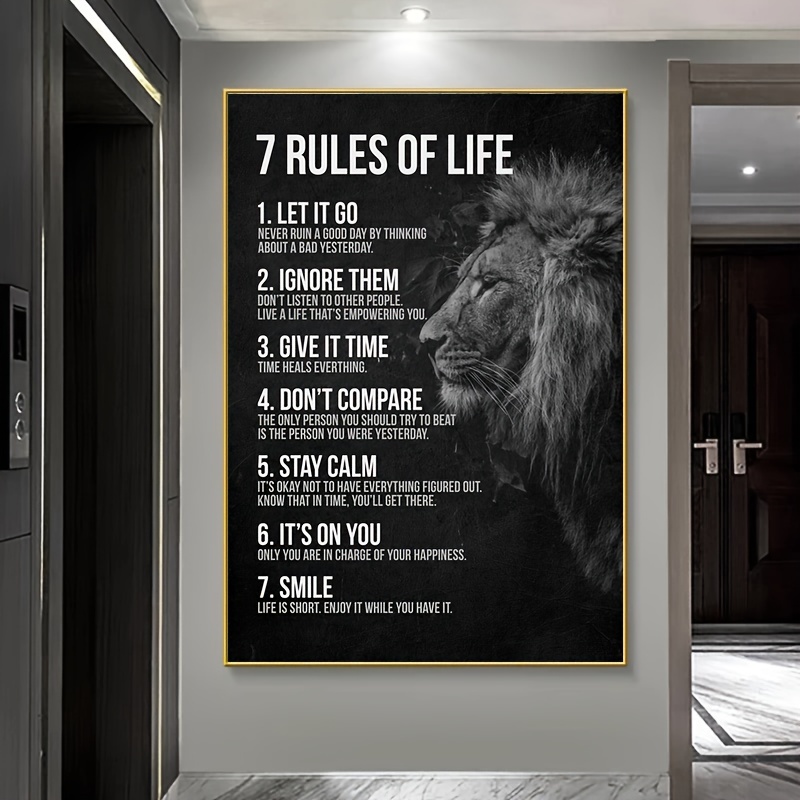 

1pcs Inspirational Lion Motif Canvas Print With 7 Rules Of Life Quotes - Frameless Modern Abstract Motivational Wall Art For Living Room, Bedroom - White, No Electricity Needed