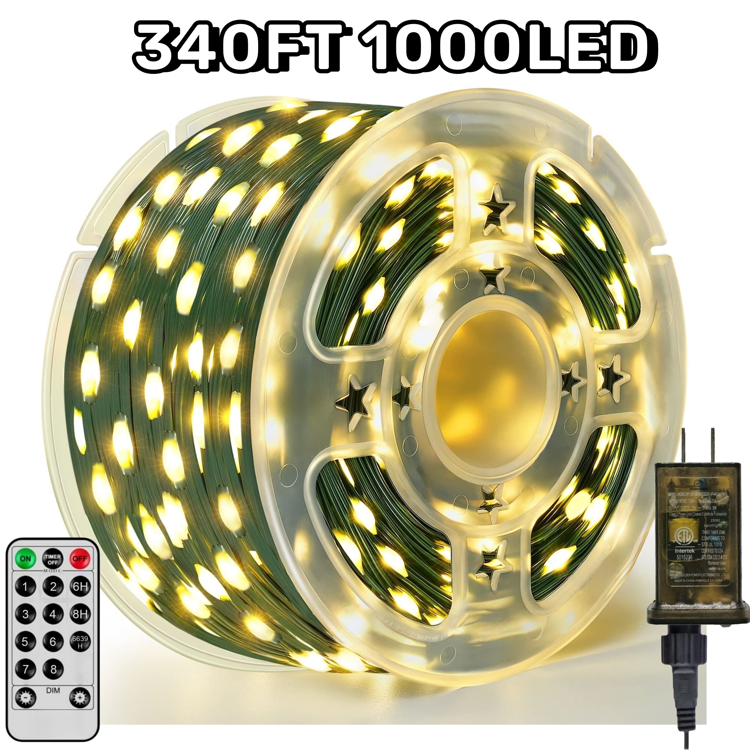 340 Feet 1000 LED Garden String Lights, Outdoor Waterproof Christmas Tree Lights, With 8 Modes Remote Timer, For Outdoor Indoor Christmas Decoration, Outdoor Multi-colored White Warm With Cable Tray, 7X12 Pure Copper Wire Color Box Packaging details 1