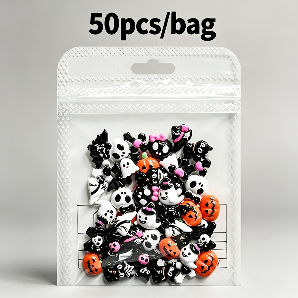 TEMU 50pcs 3d Resin Nail Charms Suitable For Women - Gothic & Spooky Flatback Nail Decorations With Rhinestone Bowknots, Mini Pumpkin Bat Black Cat