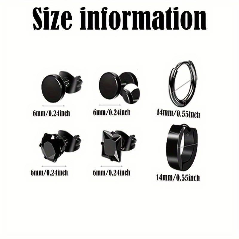 Juego De 6 Pares De Pendientes Negros Unisex - Acero Inoxidable, Con Bolsa De Almacenamiento, Ideal Para Regalo O Uso Diario