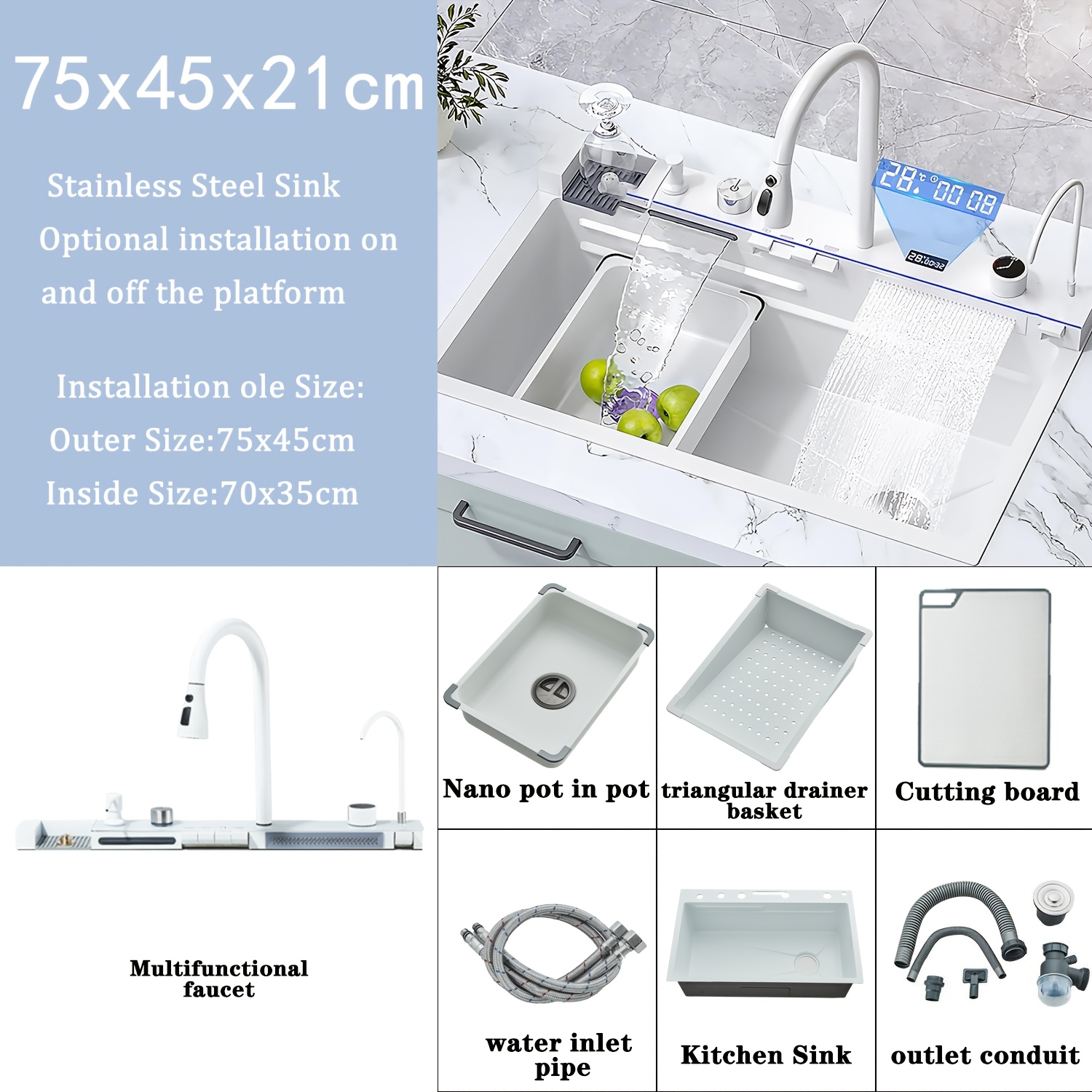 Kitchen Sink, Digital Waterfall, Glass Washer, Soap Dispenser, Rain-style Waterfall Spout, With Built-in Faucet, Dual Drain Sink For Home Use, White Kitchen Sink