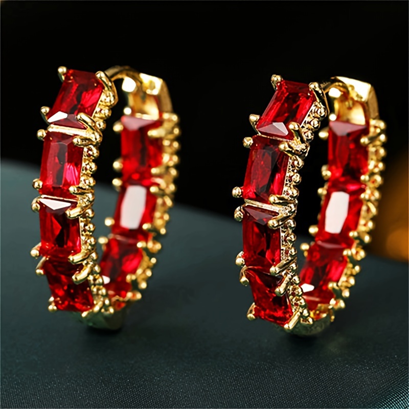 

Luxurious Red Synthetic Zircon Golden Hoop Earrings, Bride Wedding Earrings For Women, Christmas Decor