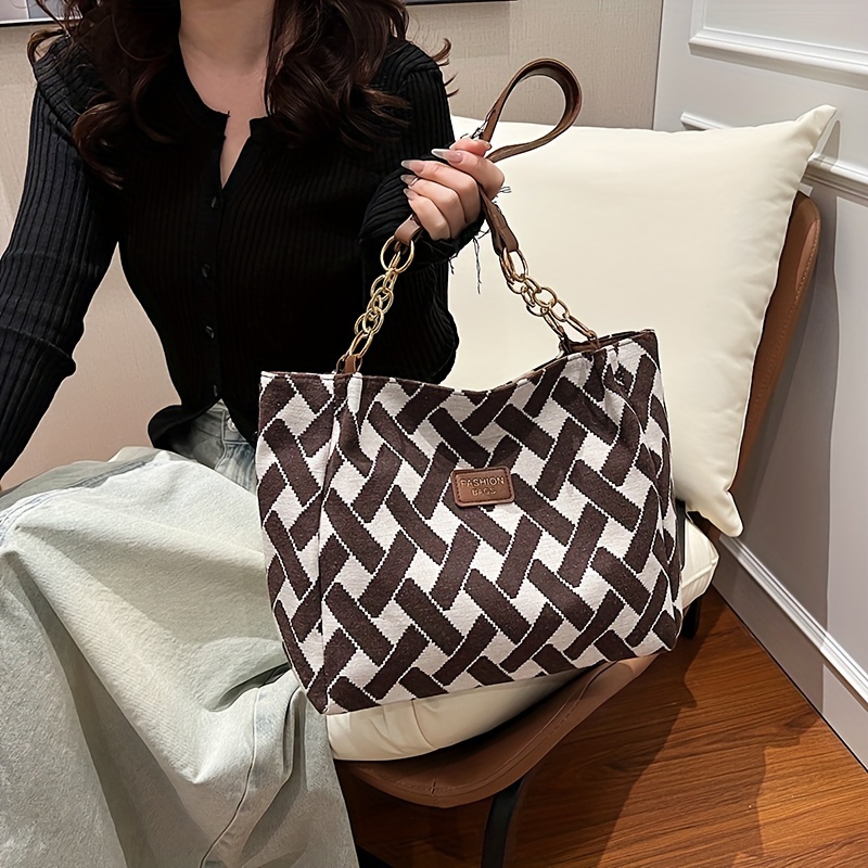 

Fashion Rhombic Pattern Canvas Shoulder Bag, Ladies Tote Bag, Large Capacity Shoulder Bag, Women's Grocery Bag.