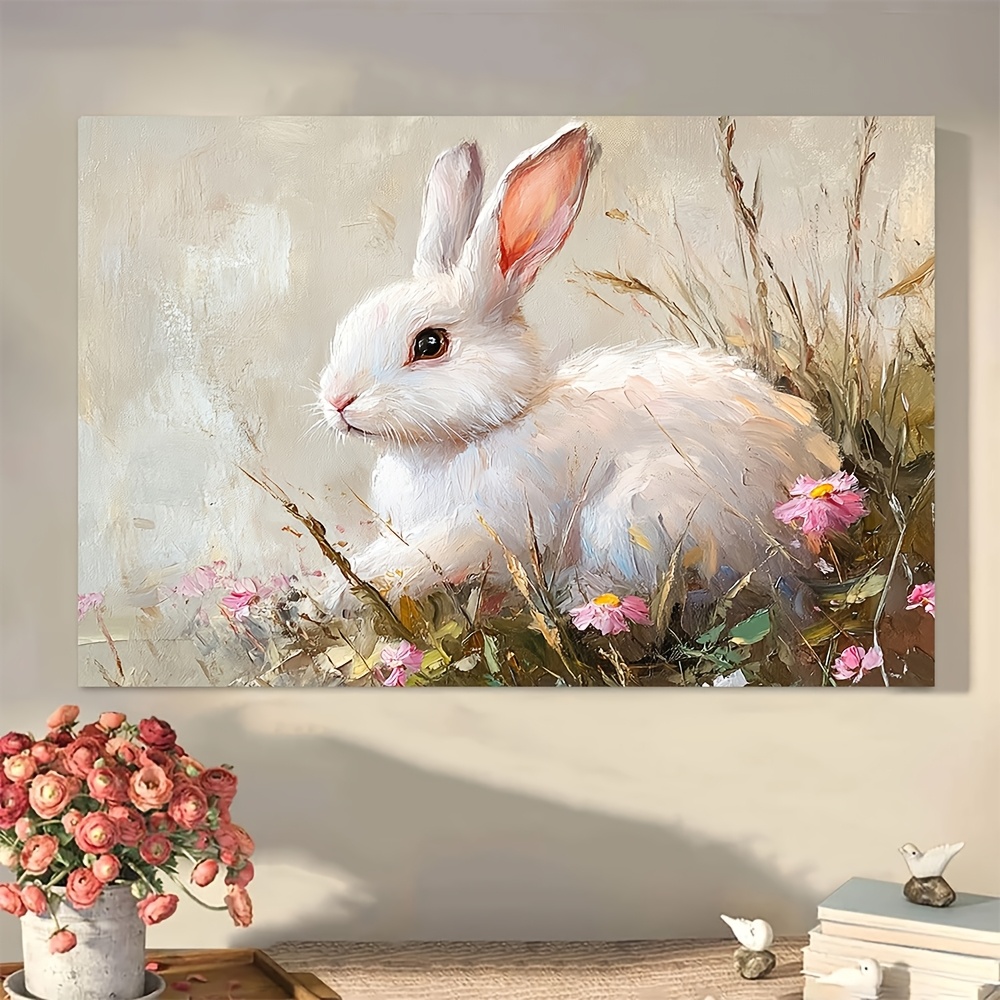 

1pc Vintage Bunny Canvas Wall Art, Retro Oil Painting Print, Home Decor, Ideal For Gifting, No Electricity Needed, Featherless - Ai3244, Wooden Frame, Blush Spring, Valentine's Day Easter Gift