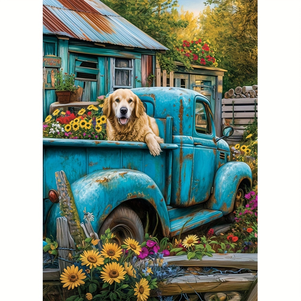 

1pc 40x50cm/15.7x19.7in Diy 5d Diamond Art Painting Without Frame, Dog Sitting On The Truck Full Rhinestone Painting, Diamond Art Painting Embroidery Kit, Handmade Home Room Office Wall Decor