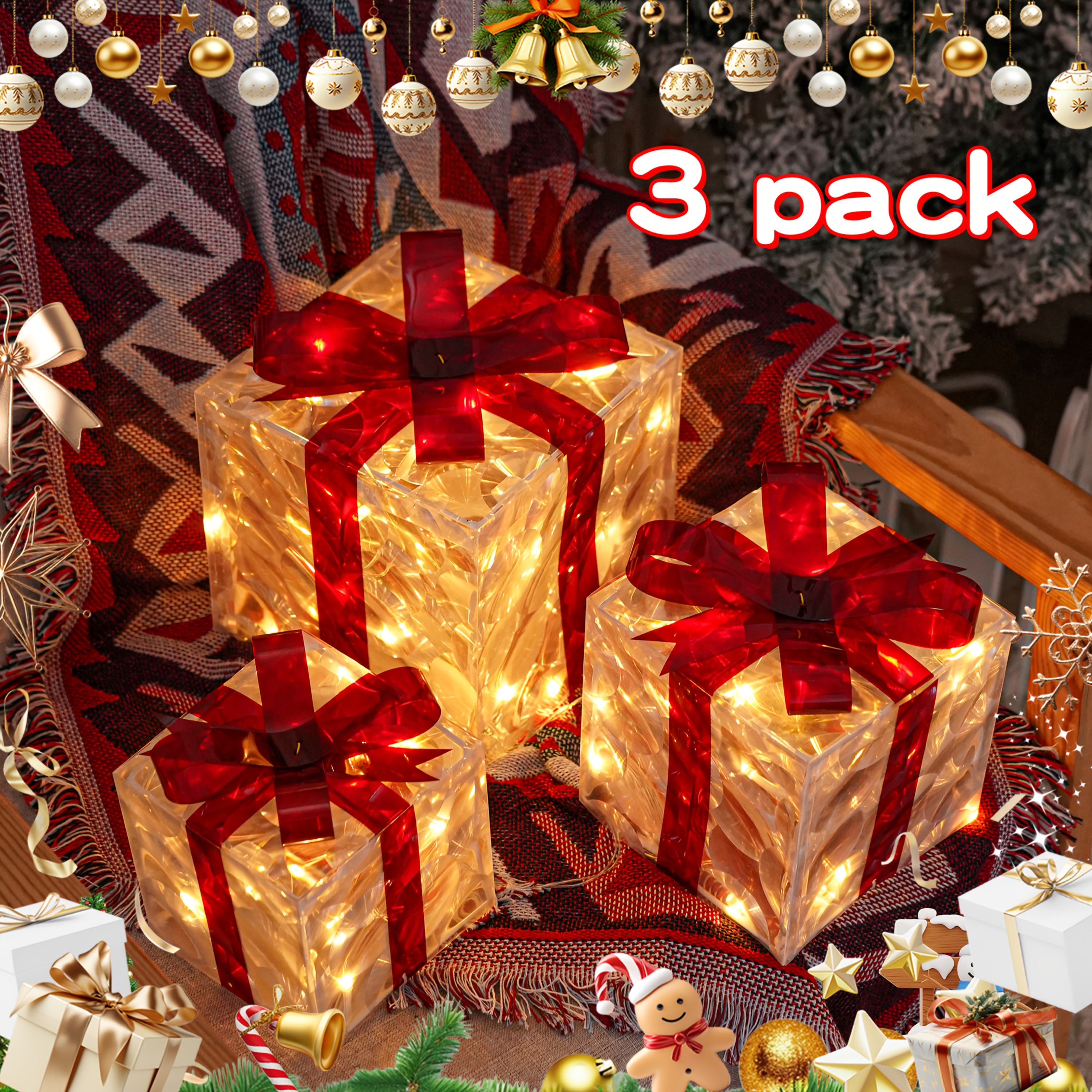 TEMU 3pack-60 Led Home Christmas Box Decorations, Gift Box With Red Bow, Usb And Battery Box, Warm Christmas Box For Indoor And Outdoor Decoration Of