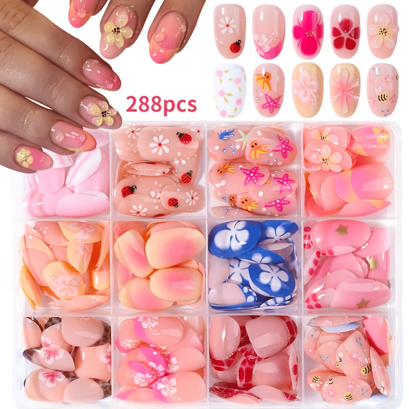 TEMU 288pcs Short Oval Press-on Fake Nails, In Pink, Blue, White, And Other Colors. With Multi Colored Fake Nail Tips, In 12 Sizes, With Glossy