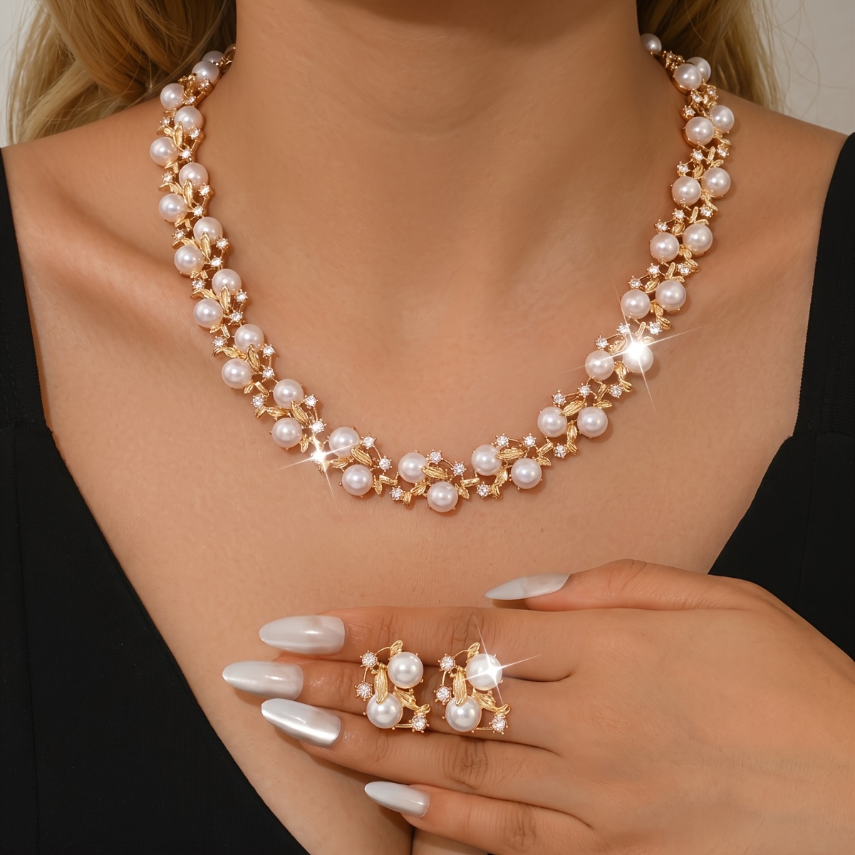 TEMU 1 Set French Romantic Beaded Jewelry Set Earrings And Necklace Combination Suitable For Wedding Banquet Party Holiday Wear