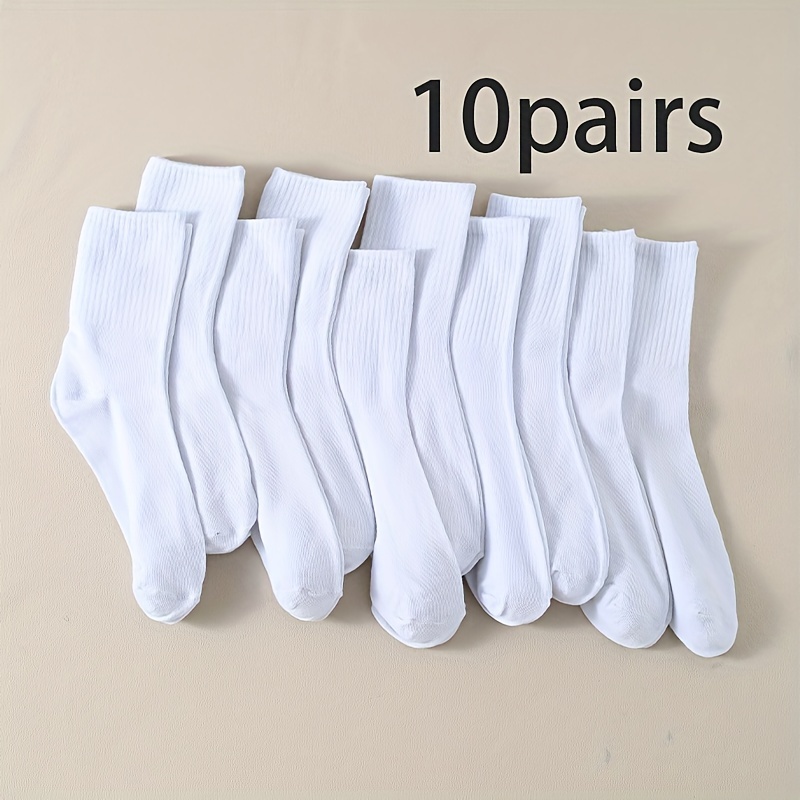 

10 Pairs White Mid-calf Socks - Cotton With 98% Cotton 2% Polyester, Solid Color, Knit Fabric, Hand Washable Or Socks Set