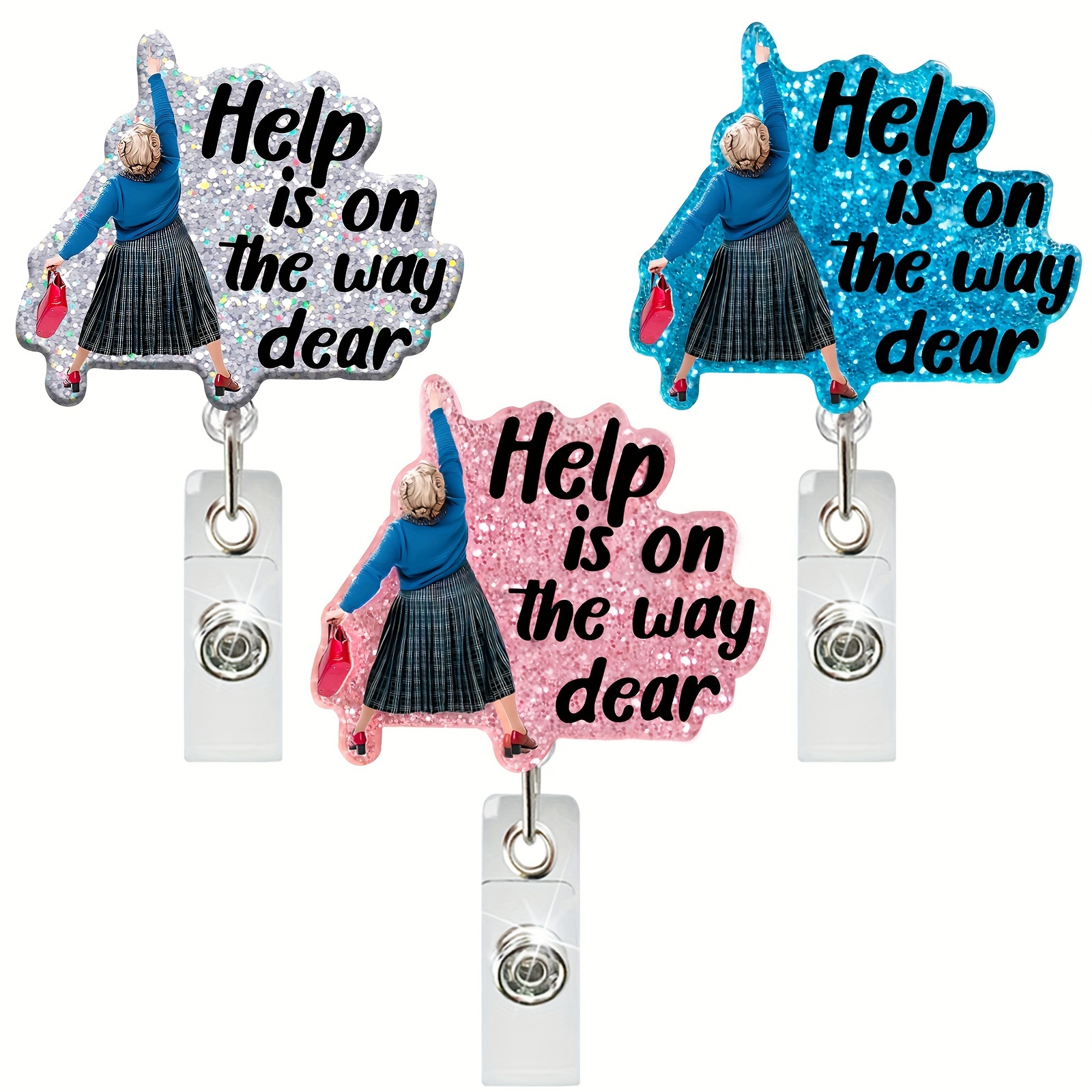 Cat,pc Sparkling Retractable Badge Reels - Help Is On The Way Caregiver-Inspired Funny Acrylic ID Badge Holder with Alligator Clip for Nurses