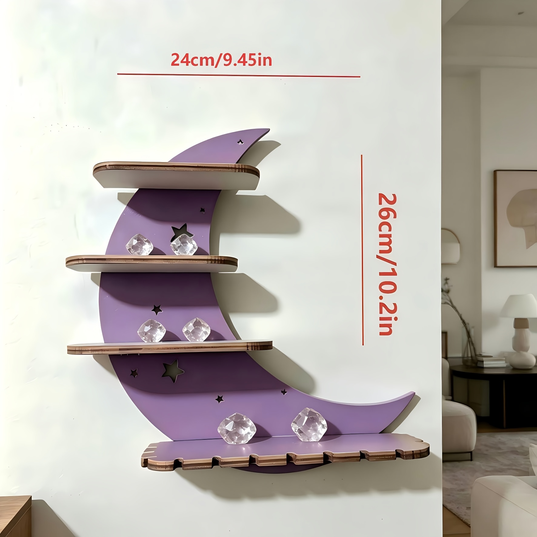 TEMU 1pc Wall-mountable Purple Moon Cycle Shelf - Wood Display Stand Suitable For Ornaments, Figurines, Collectibles, Crystals, Gemstones - Wood For