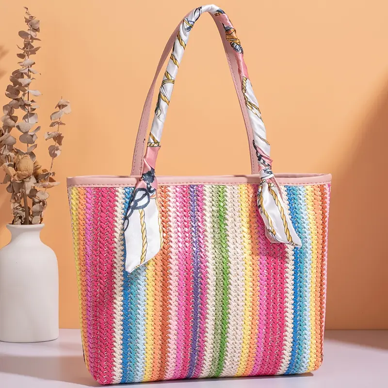 womens large capacity beach tote bag vibrant rainbow striped woven shoulder bag with magnetic closure durable polyester lining vacation and holiday use holiday accessory vibrant striped bag magnetic closure bag details 6