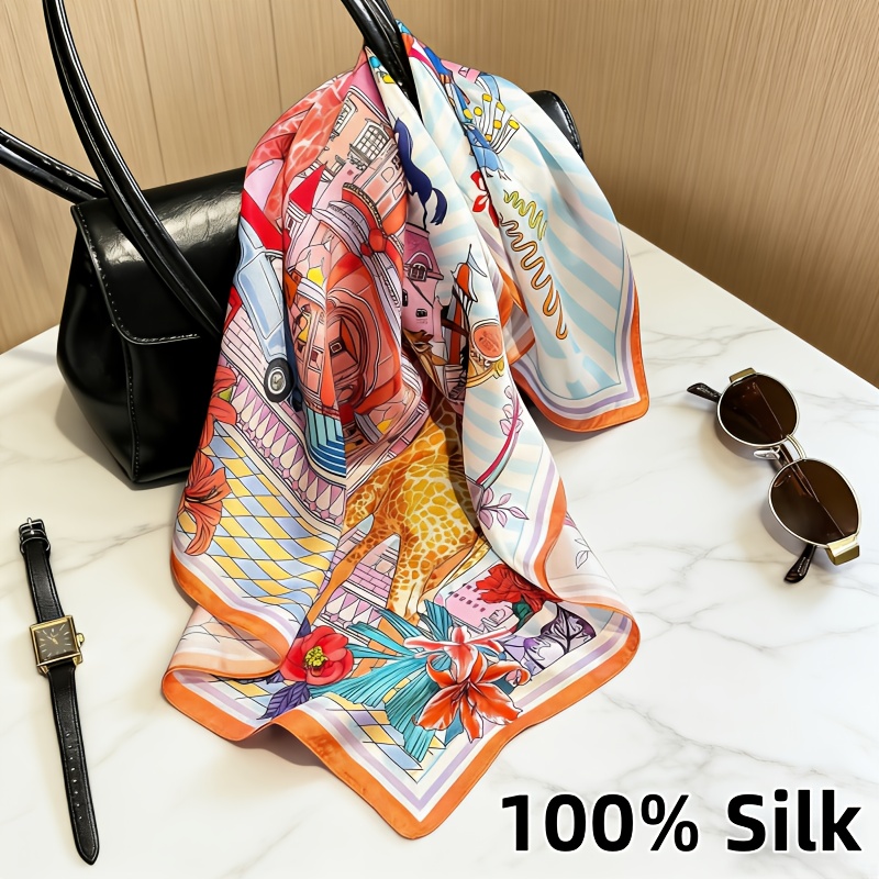 TEMU 100% Silk Cartoon Printed Women's Small Scarf, A Versatile Decorative Scarf For Casual Wear, Multifunctional Headband And Bag Accessory,