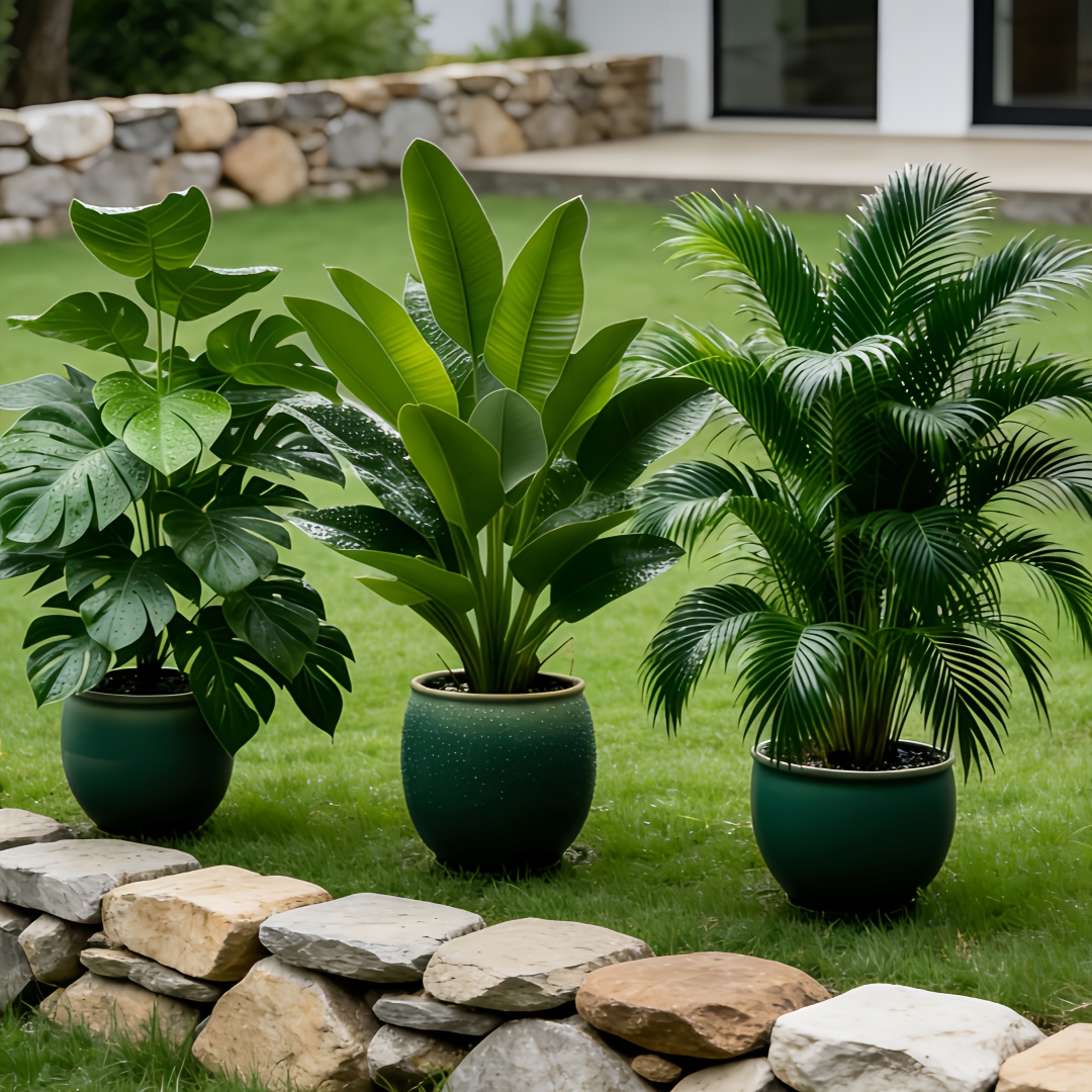 Ensemble de 3 Plantes Artificielles à Grandes Feuilles - Monstera Luxuriant et Palmiers, Bananiers, Adaptées à l'Extérieur - Arbres Décoratifs Tropiques à Large Feuillage Sans Entretien, Plantes en Pot pour Intérieur/Extérieur Toute l'Année, Arbustes Faux Style Nordique pour Mariage Hôtel Jardin