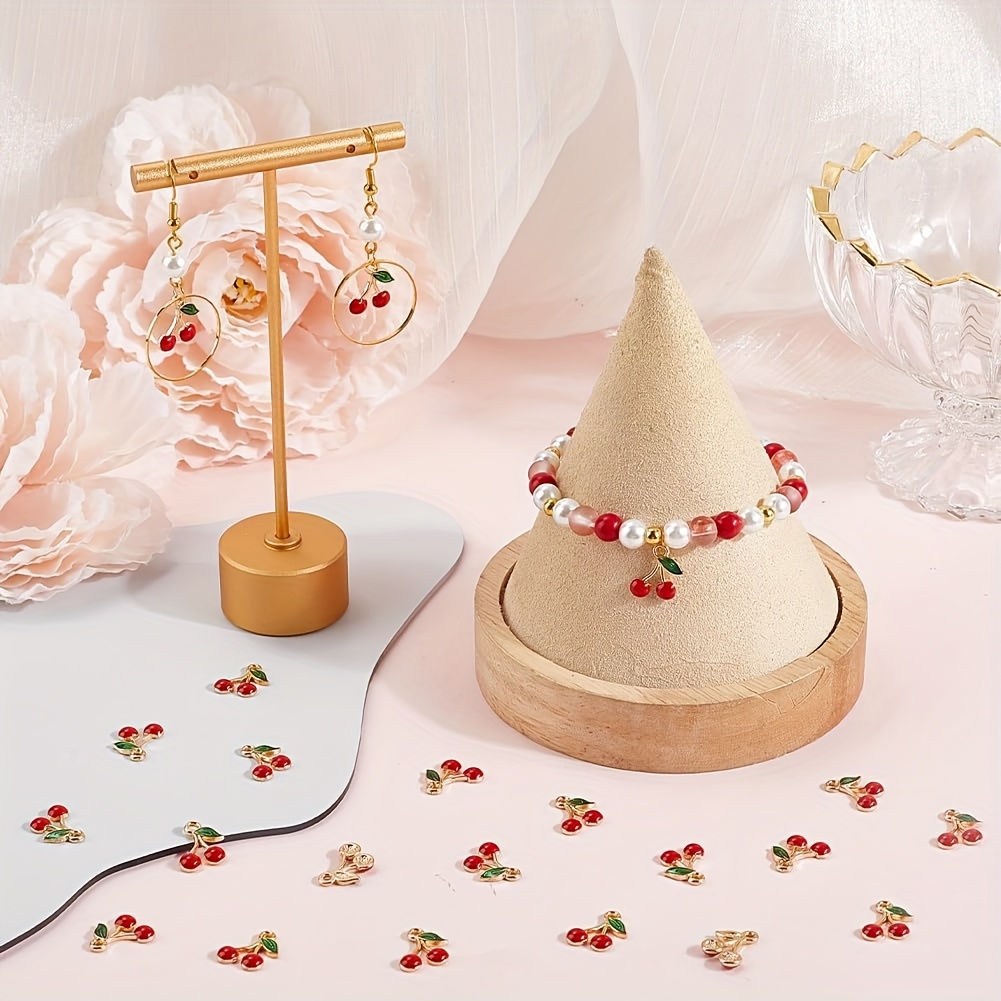 30pcs Red Enamel Cherry Charms with Golden Metal Alloy Green Leaves  Mini Dangle Jewelry Charms for DIY Crafts, Bracelets, Necklaces, Earrings  Bu