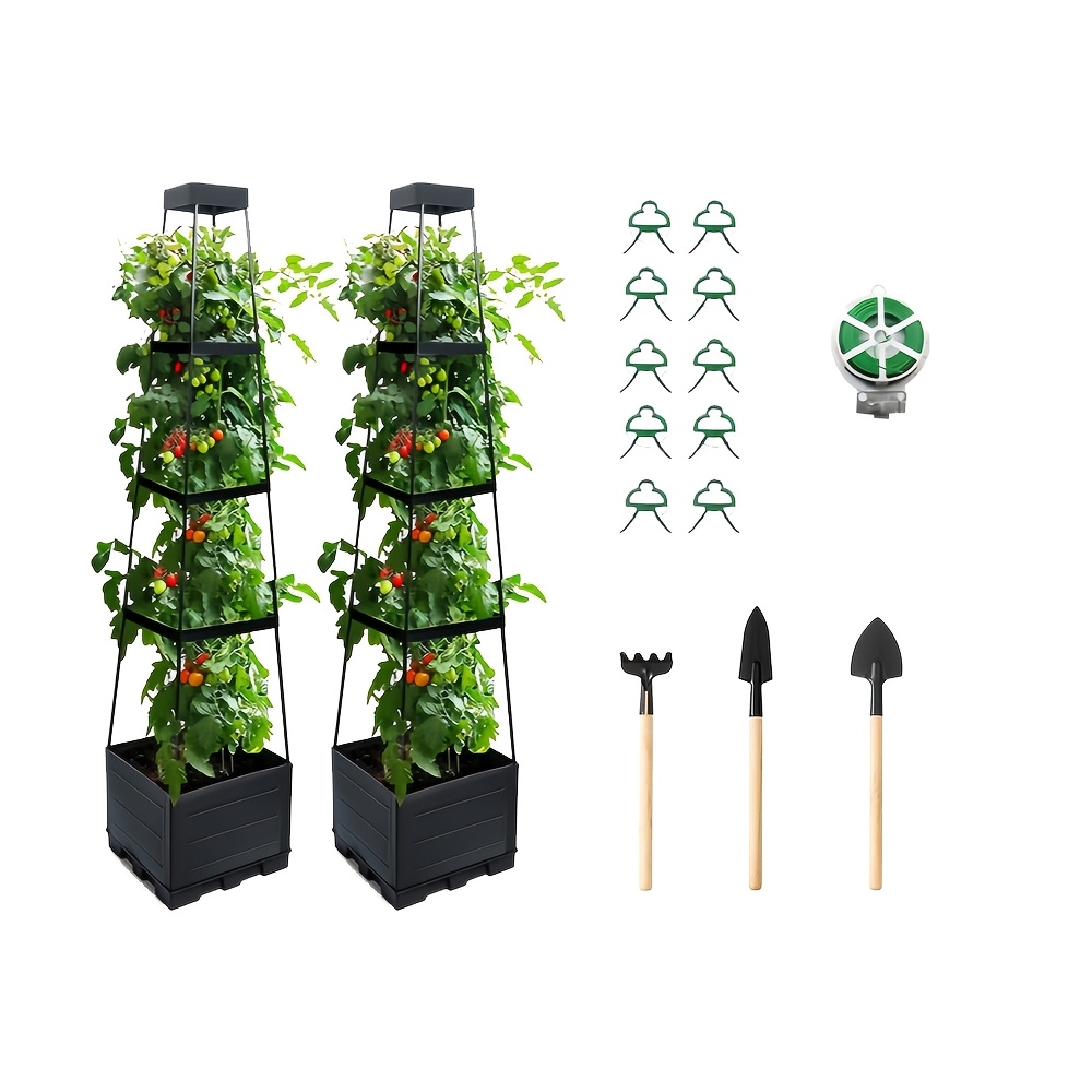 TEMU 2 Pack Raised Self-watering Tomato Planter Box With Trellis And Wheel-access Irrigation System, 3pcs Miniature Gardening Kit, Plastic Garden Bed