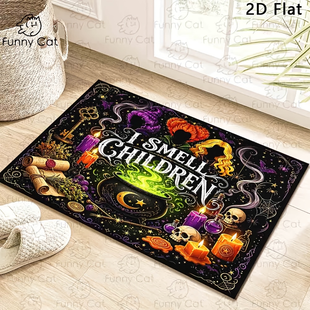 TEMU Children Halloween Doormat, Fall Autumn Witch Cauldron Bat Welcome Mat, Non Slip Farmhouse Front Door Rug, Indoor Outdoor Halloween Entryway