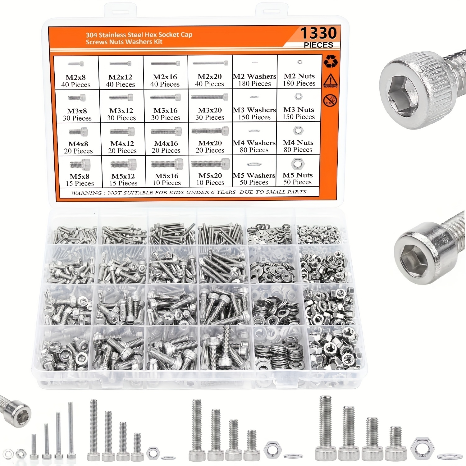 Juego de tornillos de acero inoxidable de 1330 piezas, grado 304, M2/M3/M4/M5, anti-oxidación, cabeza de bloqueo, incluye tapones, juego de llaves hexagonales para apretar fácilmente, ideal para proyectos DIY y profesionales, juego de hardware DIY | Tornillos de acero inoxidable | Ensambladores duraderos