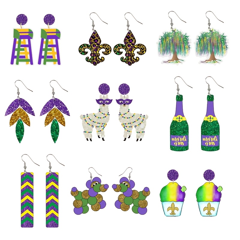 TEMU 9 Pairs Of Mardi Gras Tricolor Acrylic Dangle Earrings Set, Alpaca Bottle Ice Cream Tree Dog Colorful Leaf Chair Design- Women's Holiday Party