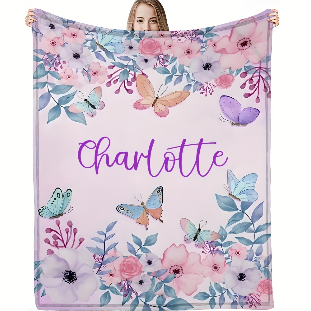 

Personalized Floral & Butterfly Fleece Blanket - Custom Name Soft, Warm Throw For Bed, Sofa, Travel | Ideal Valentine's Day, Christmas Gift For Family, Friends, Lovers