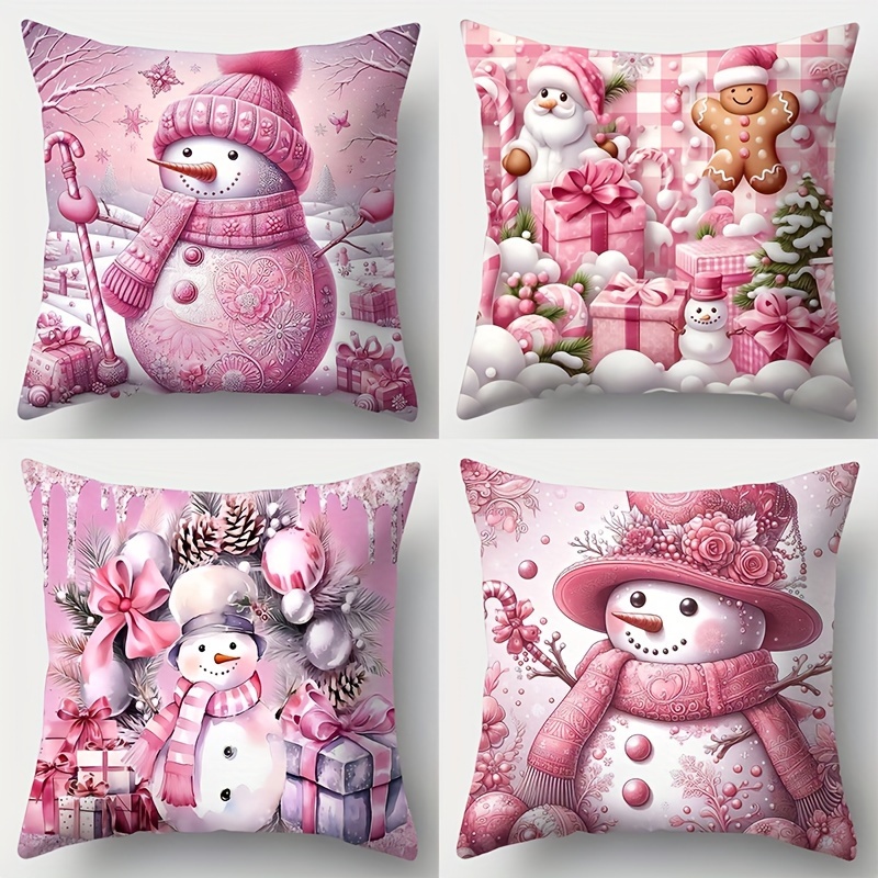 

4pcs Set, Pink Christmas Snowman Pillowcase, Christmas Pillowcase, 17.7 Inches * 17.7 Inches, Single-sided Printing, Christmas Decoration, Sofa Pillowcase, Pillowcase Without Pillow