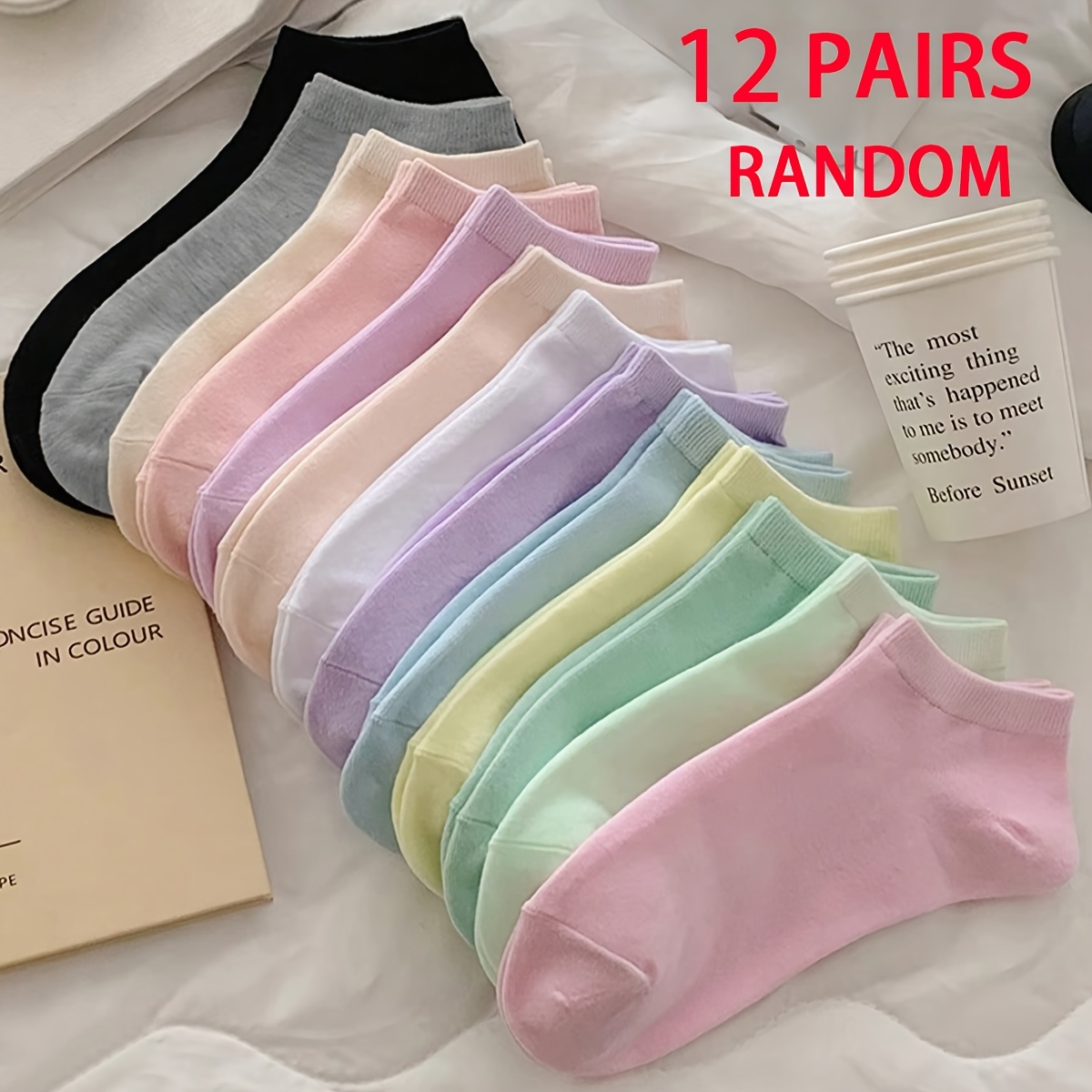 E-shop Gemischte Farben 12-Paar Pack Uni-Farben Unsichtbare Socken, Zufällige Farbauswahl, Unisex für Tägliche Frische Outfits