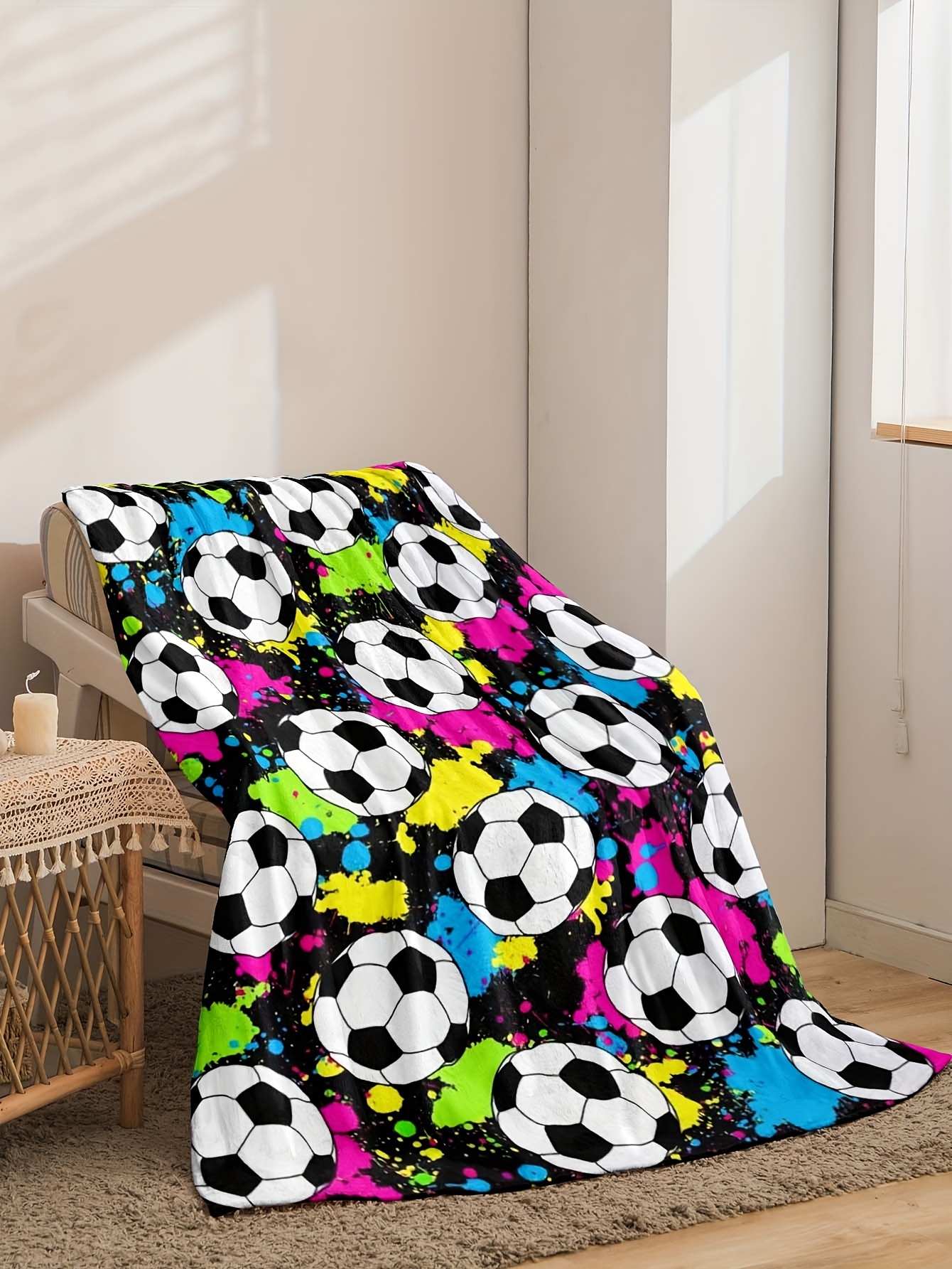 1pc contemporary style reversible flannel fleece blanket soccer ball     bed and sofa throw   machine washable polyester multi purpose use details 1