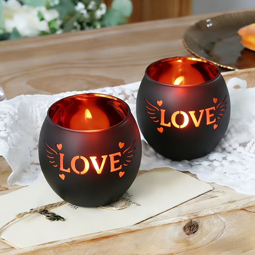 TEMU 2pcs Love Heart Wing Hollowed-out Glass Candle Holders, Black Matte Romantic Atmosphere Candlelight Ornaments, Desktop Decor, Bedroom Bedside