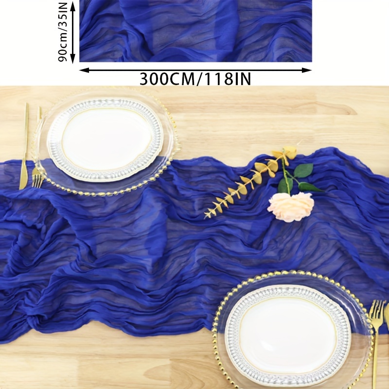 Image of 1pc, Royal Blue Gauze Table Runner, Rustic Wedding Decor Sheer Cheesecloth Fabric Tablecloth For Bridal Gift Tables, Polyester Material