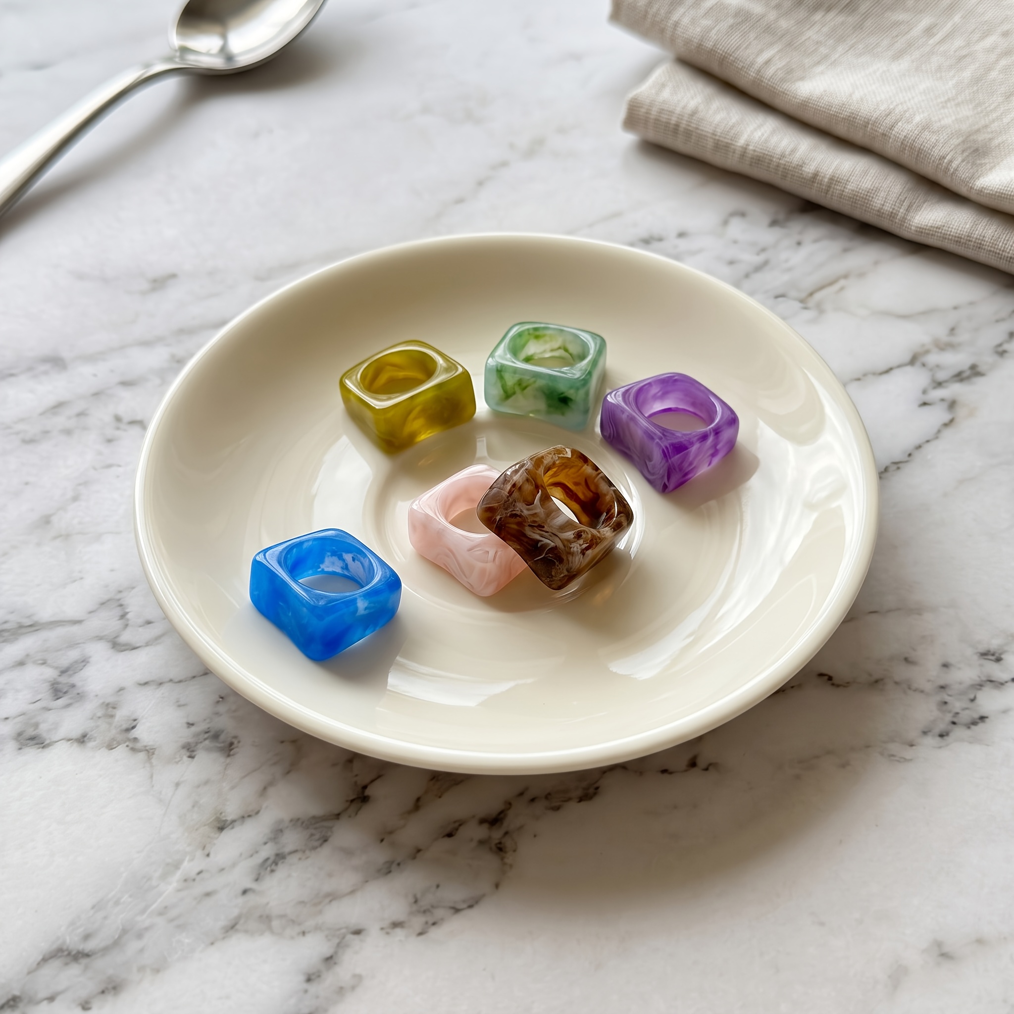 6pc Mixed Color Resin Rings Set, Gradient Geometric Design