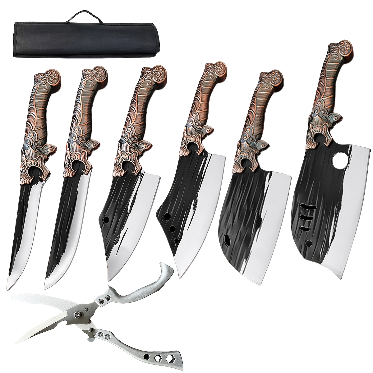 TEMU 7pcs/set Professional Kitchen Chef's Knife Set, Premium Full Cut Knife With Handle, Stainless Steel Knife, Steak Knife, Chef's Knife, Boning