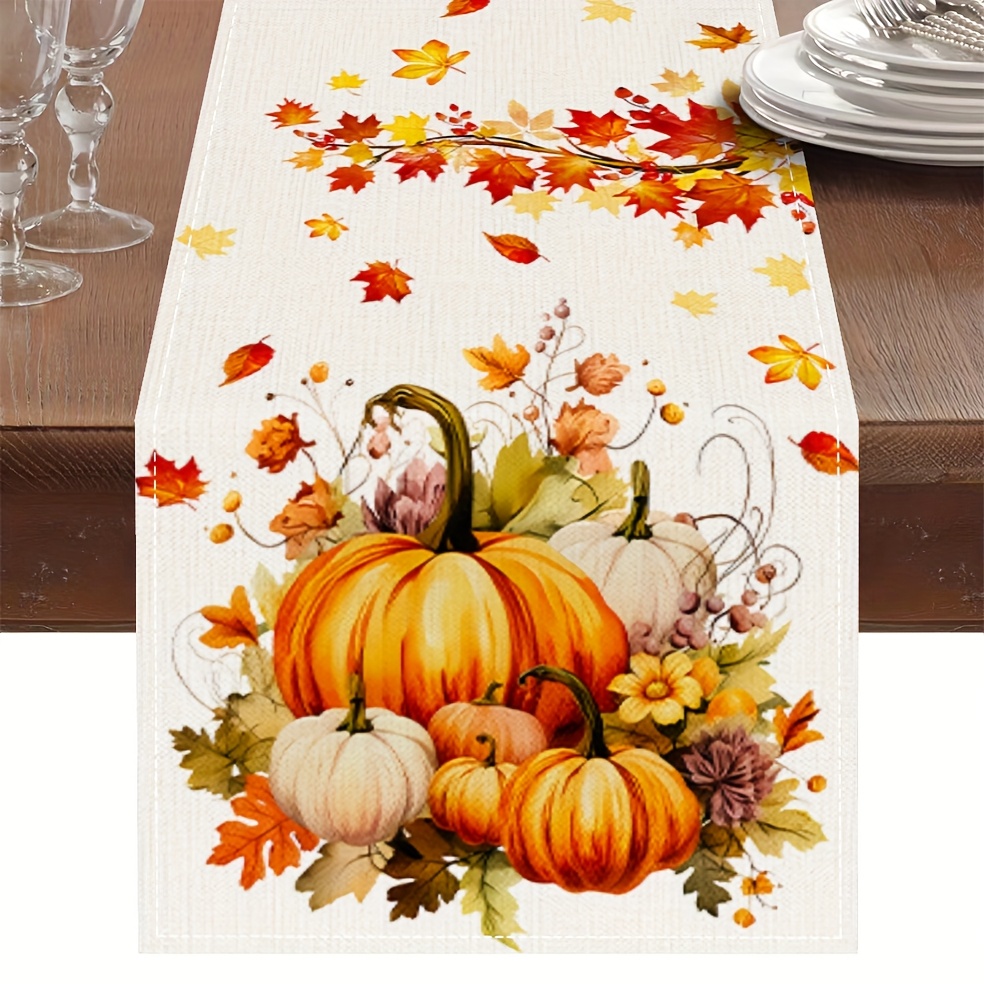 1pc 100% Linen Autumn Thanksgiving Table Runner - Pumpkin Maple Leaf Design, Rustic Farmhouse Decor For Restaurants, Weddings, Home Dining (13x48/72/108 Inch)