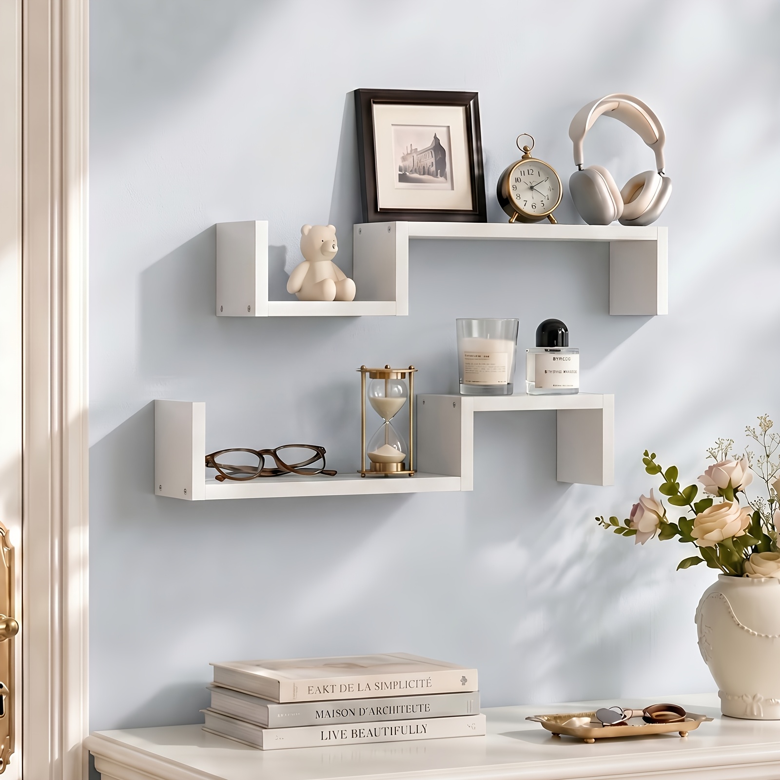 Wall Mounted Floating Shelves Set Of 2, Space Saving Storage Shelves With Decorative Display Design, Thickened Wood Wall Shelves, Modern Shelves For Living Room Bedroom Bathroom Office