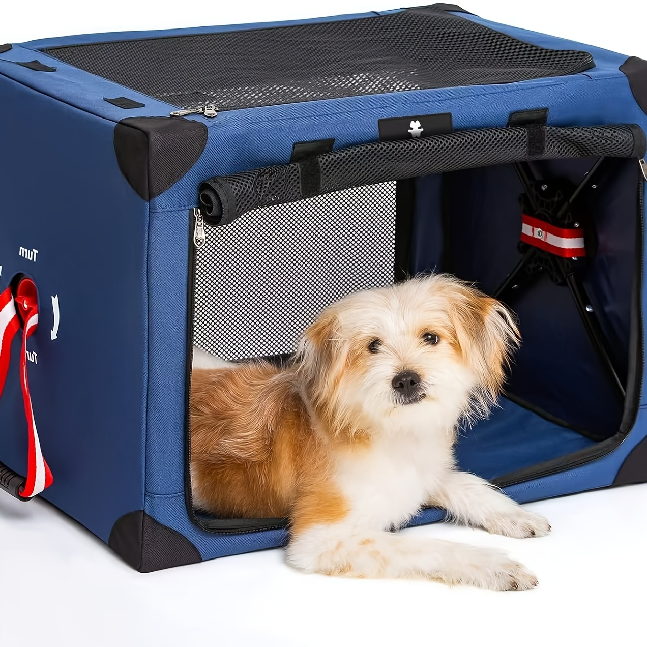 TEMU 36 Inch Collapsible Dog Crate With Curtains, Travel Dog Crate For Airflow And Calm, Soft Pet Dog Kennel With Portable Bag And More Chew Proof Mesh, Indoor Outdoor, Navy Blue+4 Door Curtains