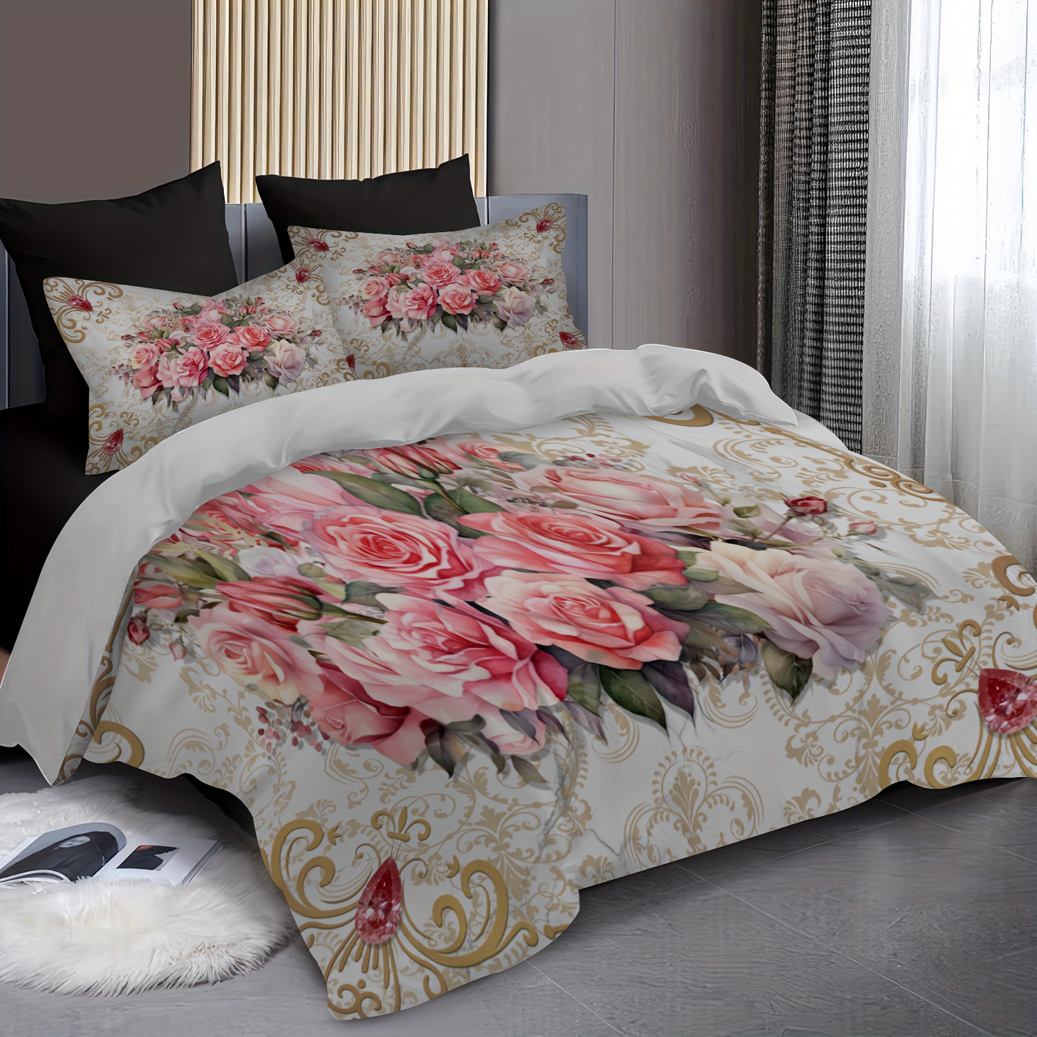 TEMU 3pcs Duvet Cover Set, 1 Duvet Cover And 2 Pillow Shams, Gorgeous Roses: Print On Golden Background, For Bedroom Decor, , Full/queen/king Size, ,