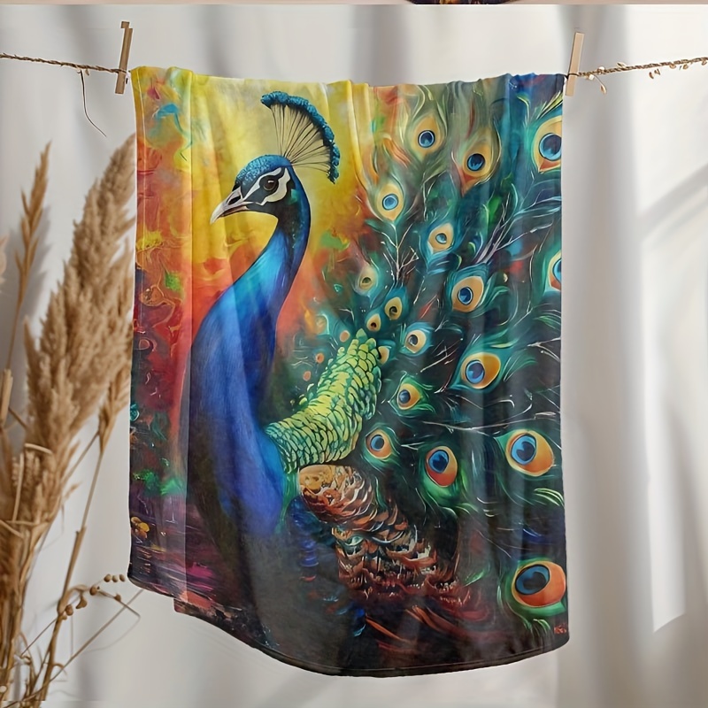 peacock print flannel throw blanket hypoallergenic hand wash woven   versatile for   ideal for couch bed and living room decor contemporary animal theme throw for adults and peacock enthusiasts details 7