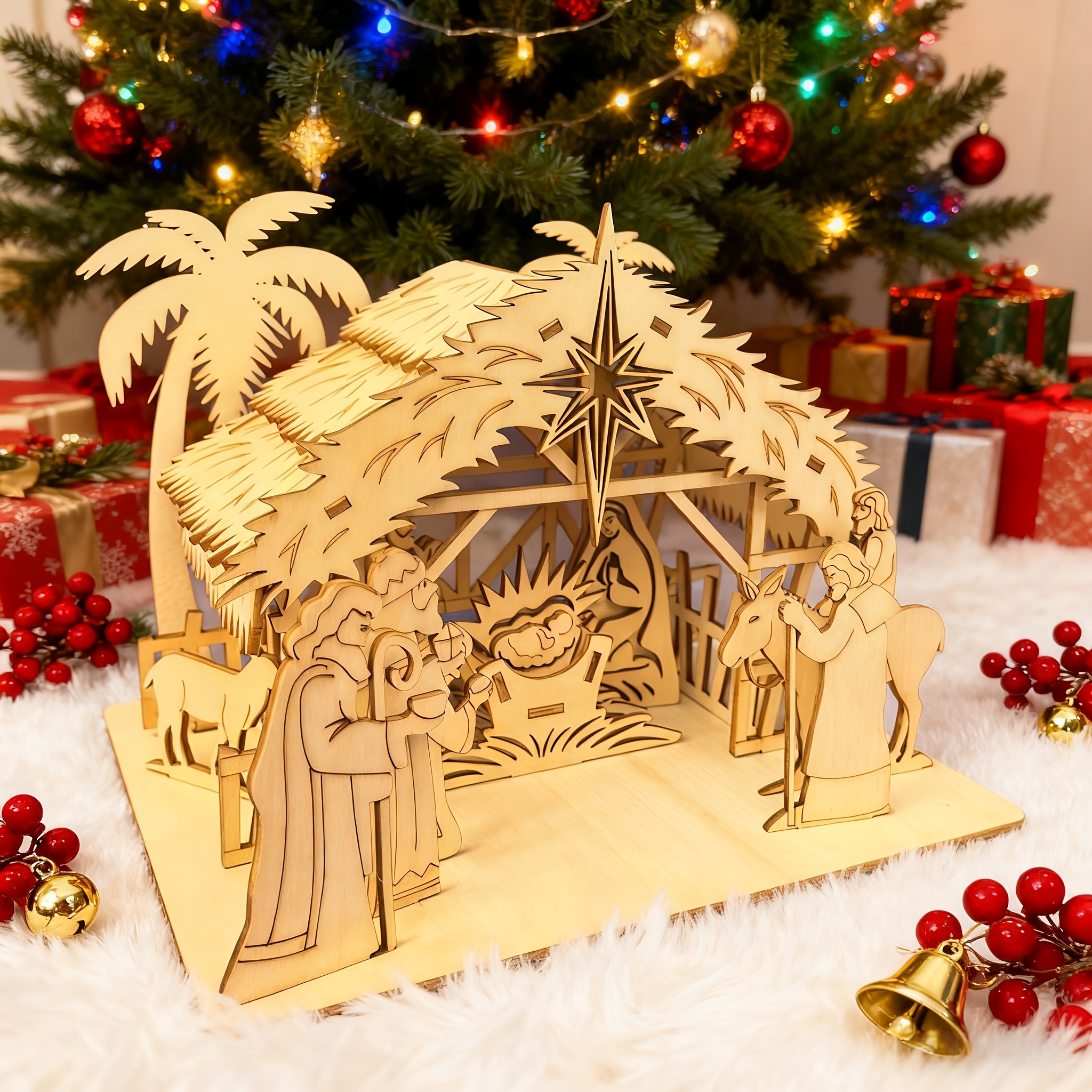 Image of 3d Wooden Nativity Scene Christmas Decoration - Laser Cut Holy Family Stable Figurine For Decor