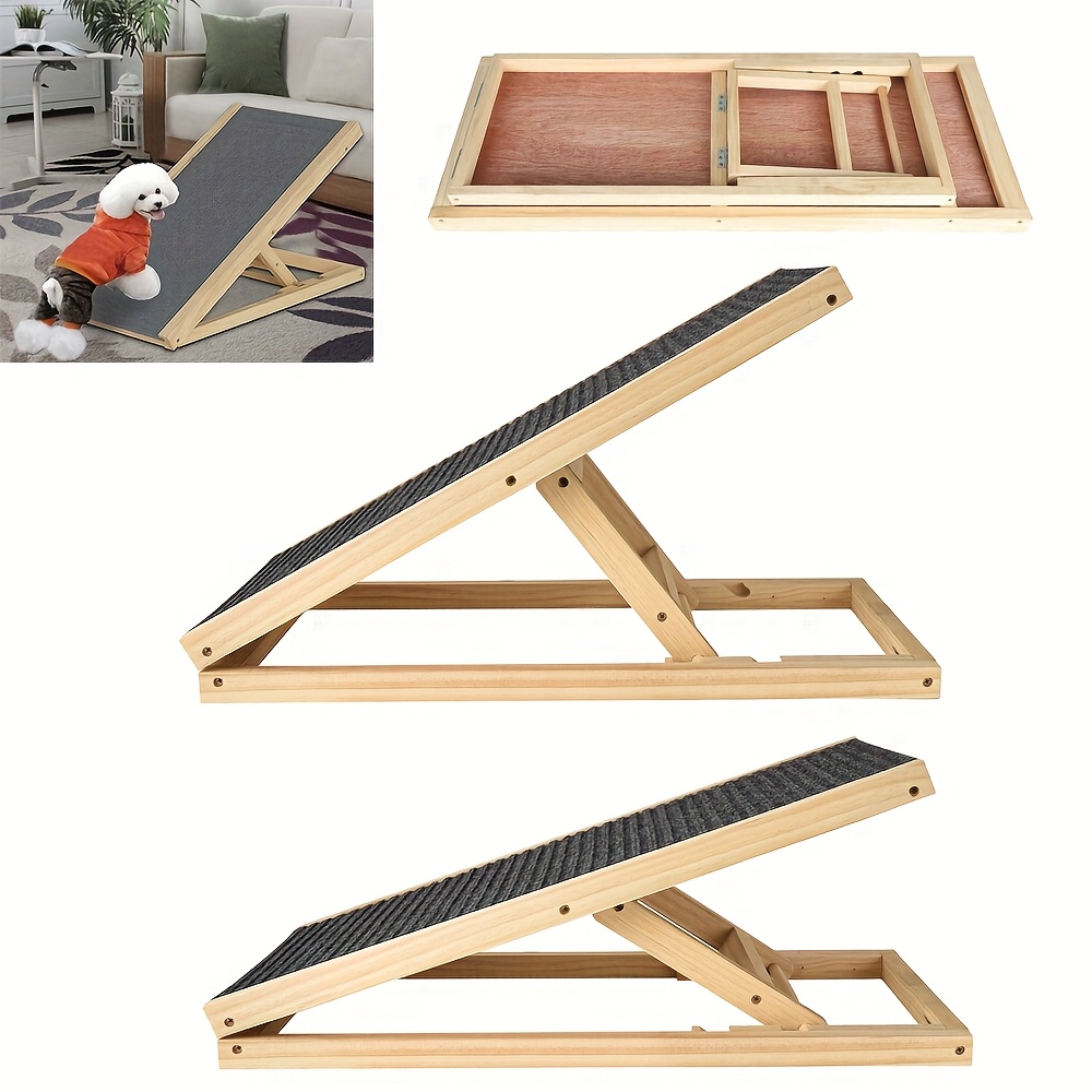 Image of Dog Ramp Folding Pet Ramp Car Dog Ladder - Height Adjustable With Non-slip Carpet Safety Pets Ladder, Portable Solid Wooden Dog Ramp For Travel (l70xw35cm, H30-40cm)