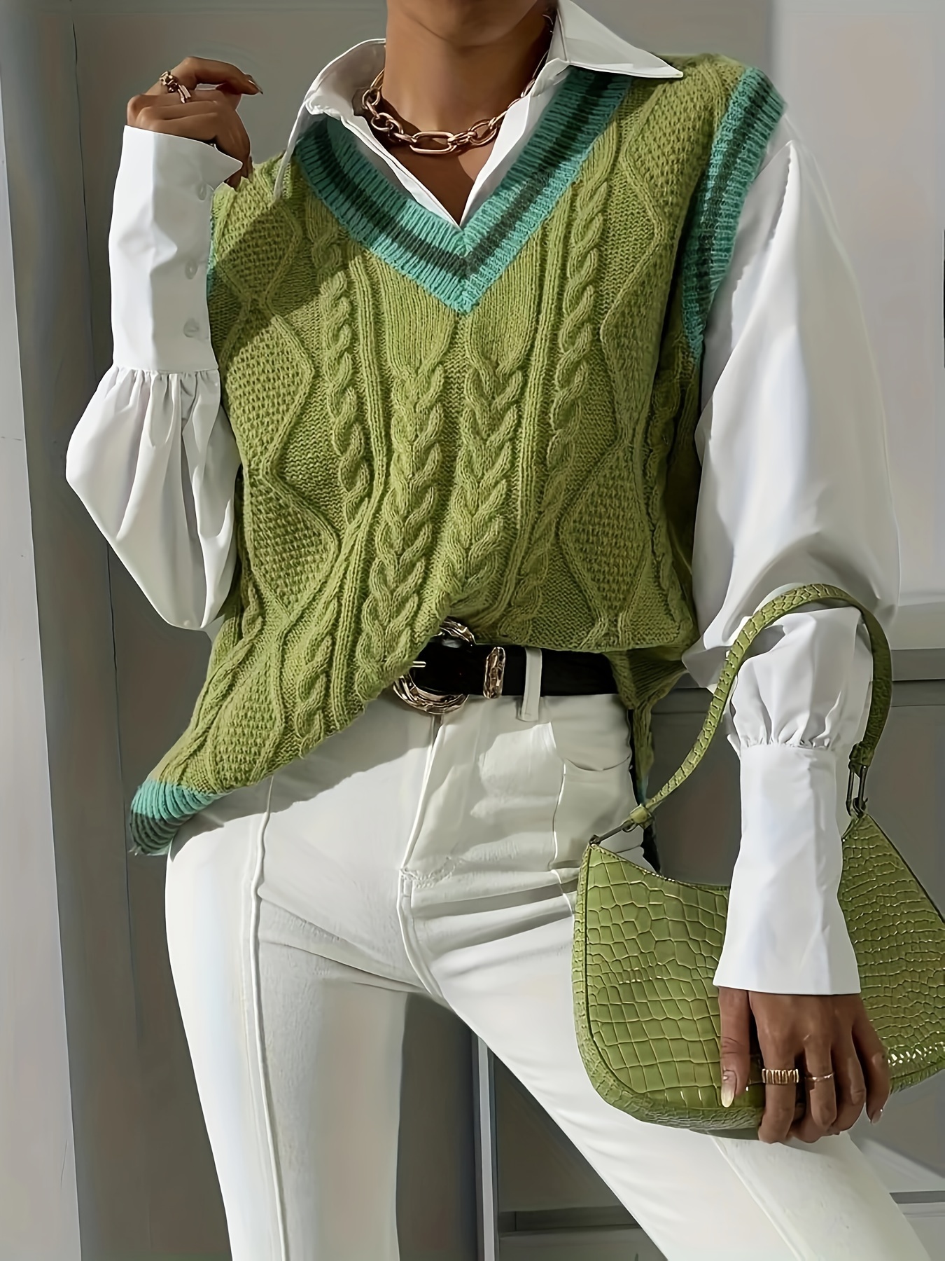 women's cable sweater vest elegant color block v neck Temu