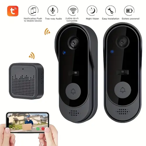 wireless smart video doorbell with 1080p hd camera detection two way audio night rechargeable battery sd storage app controlled system door monitoring wallmounted camera hd video quality wireless doorbell camera