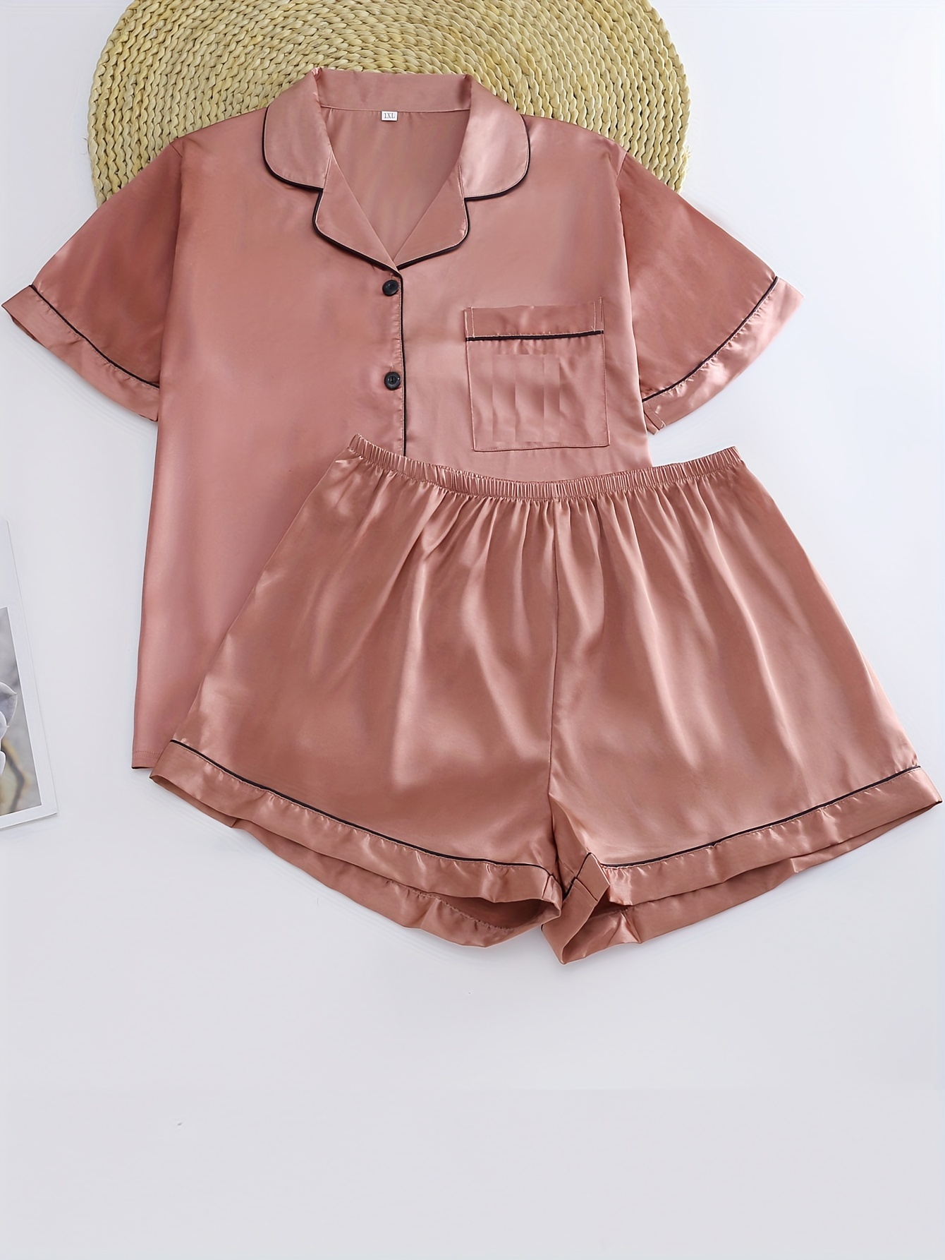 plus size satin button front short sleeve top shorts pajama Temu