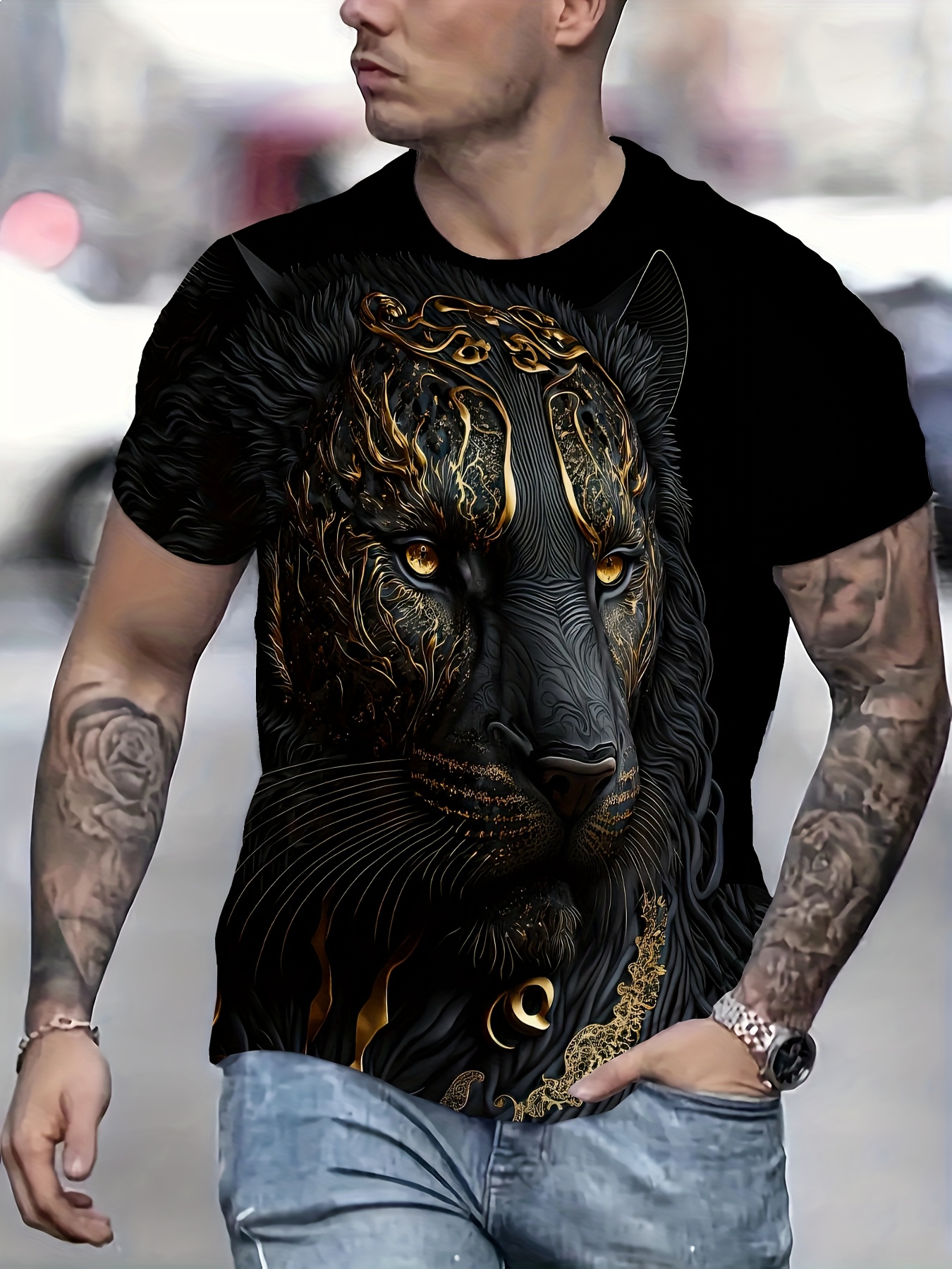 Men's 3D Leopard Print T-Shirt, Black Casual Crew Neck Short Sleeve Top with Golden Accents, Stretch Polyester Knit Fabric, Summer Sportswear, Machine Washable, Athletic Fashion | Round Neck Tee | Comfortable Fit, Leopard Print Shirt