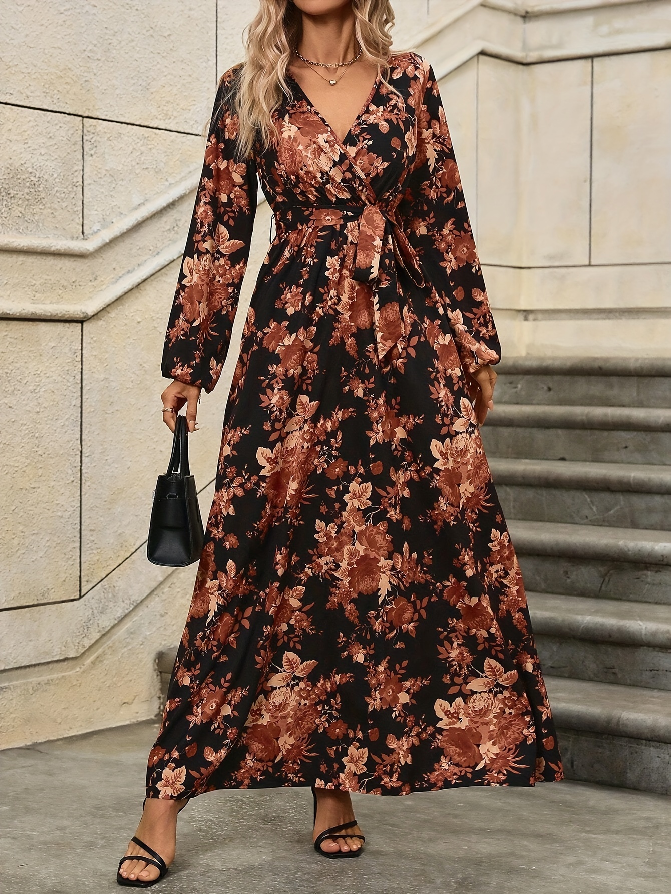 chinese dress ladies Floral V-Neck Long-Sleeve Dress Heavenly Blue / L (US 6) main image 1