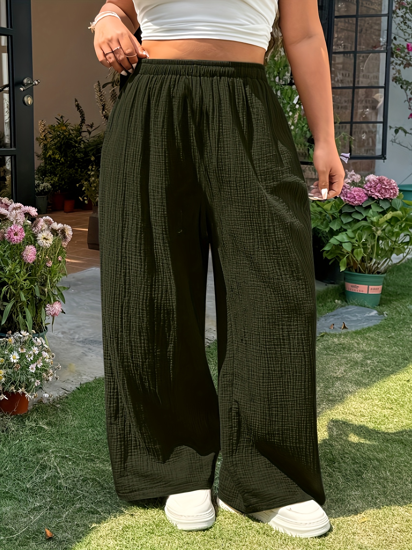 plus size, damen elegante sommer-weitbeinhose mit plisseefabrik textur im bohemian style in übergröße