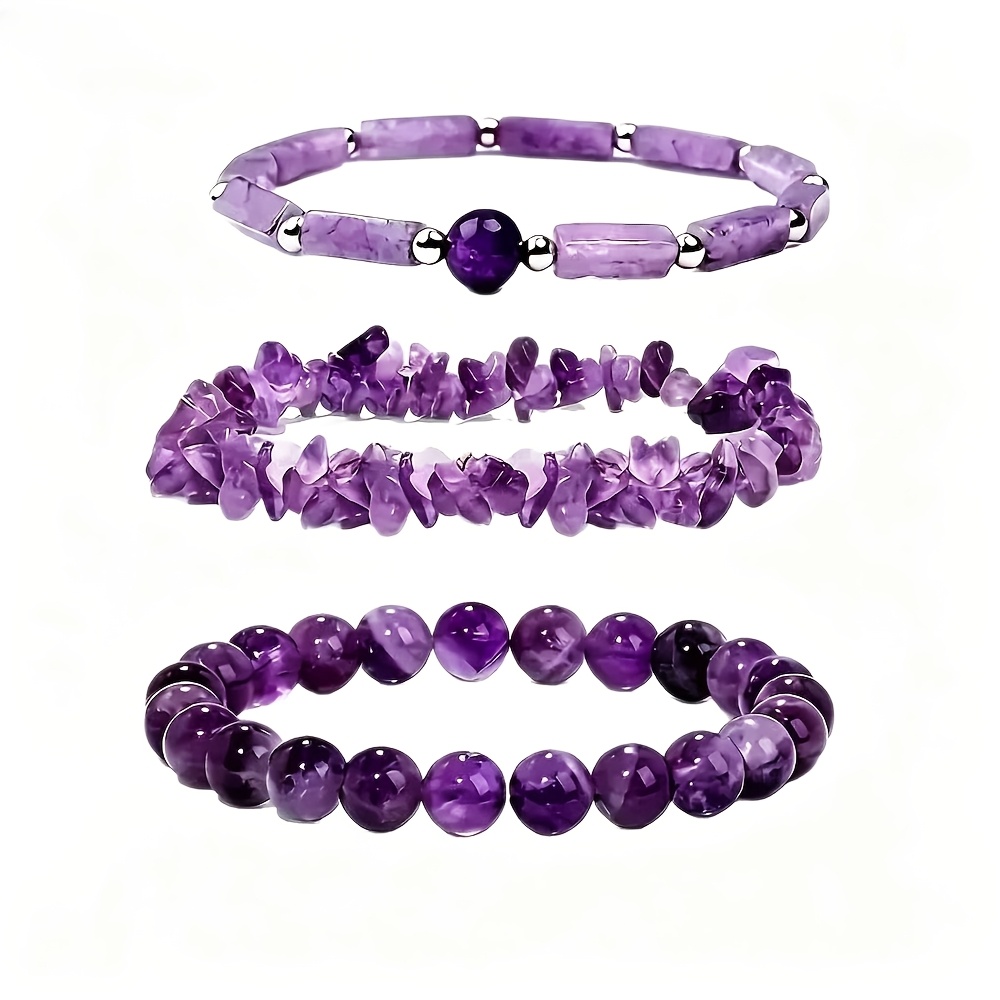 TEMU Natural Amethyst Bracelet 3pcs Set, Amethyst Bead Bracelet, Amethyst Gravel Bracelet, Square Amethyst Bracelet, 3-in-1 Bracelet, Multiple Styles