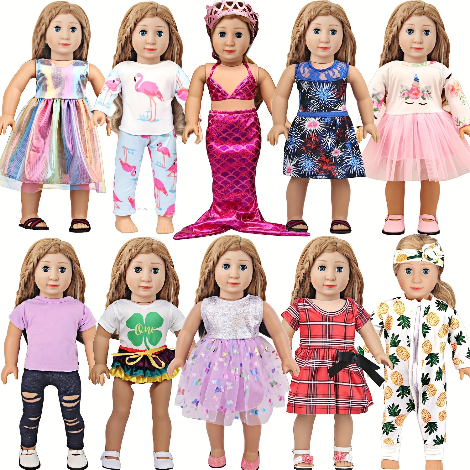 

10 Sets Of Clothes For 18-inch Dolls Doll Fashion Cute All Kinds Of Styles Wear With Anything Including Pajamas Set Skirt Set Mermaid Set 10-piece Set Best Birthday Gift For Girls Christmas Gift