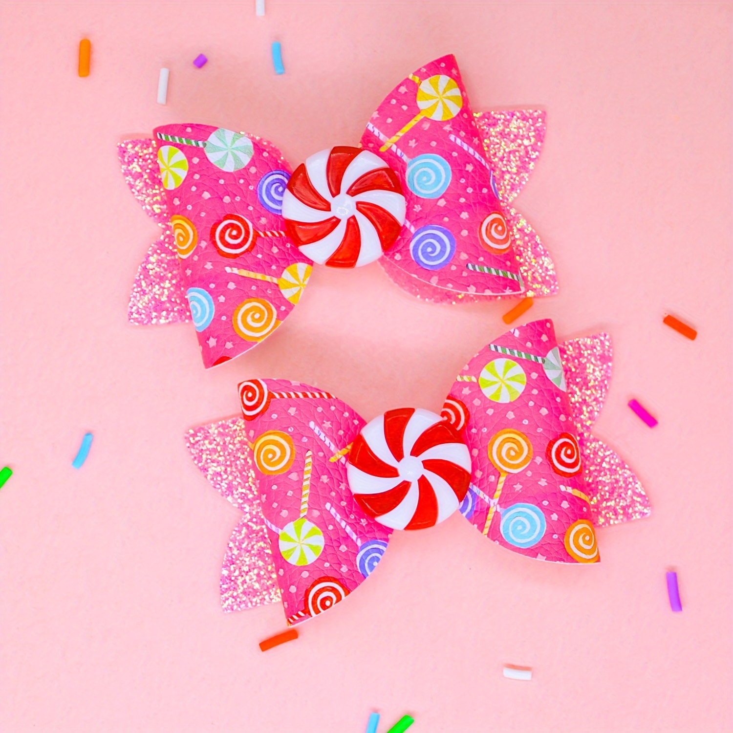 

2pcs Pink Donut Print Bow Hair Clips, Sparkly Leather Bowknot Hairpins For Girls, Party Birthday Daily Simple Hair Accessories Set