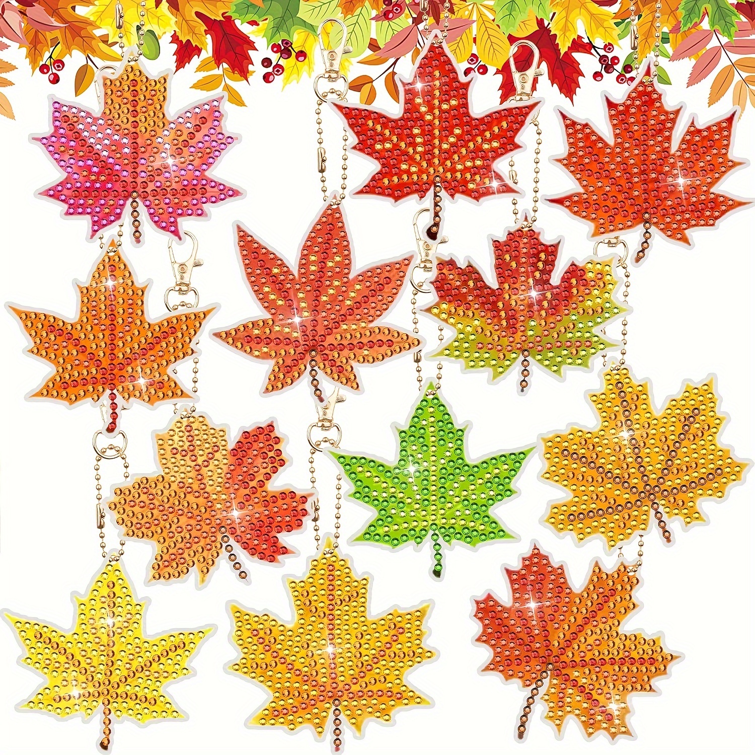 

12-piece Autumn Maple Leaf Diamond Art Keychain Set - Round Acrylic Charms