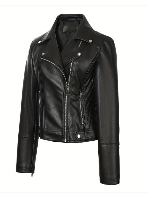jaqueta casual de couro size, casaco de couro pu feminino estiloso para motocicleta, outono e inverno