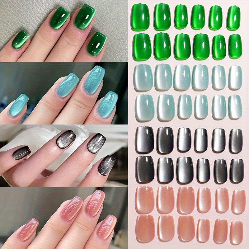 

120pcs Green, Blue, Black, Nude Eye Short Square Fake Nails